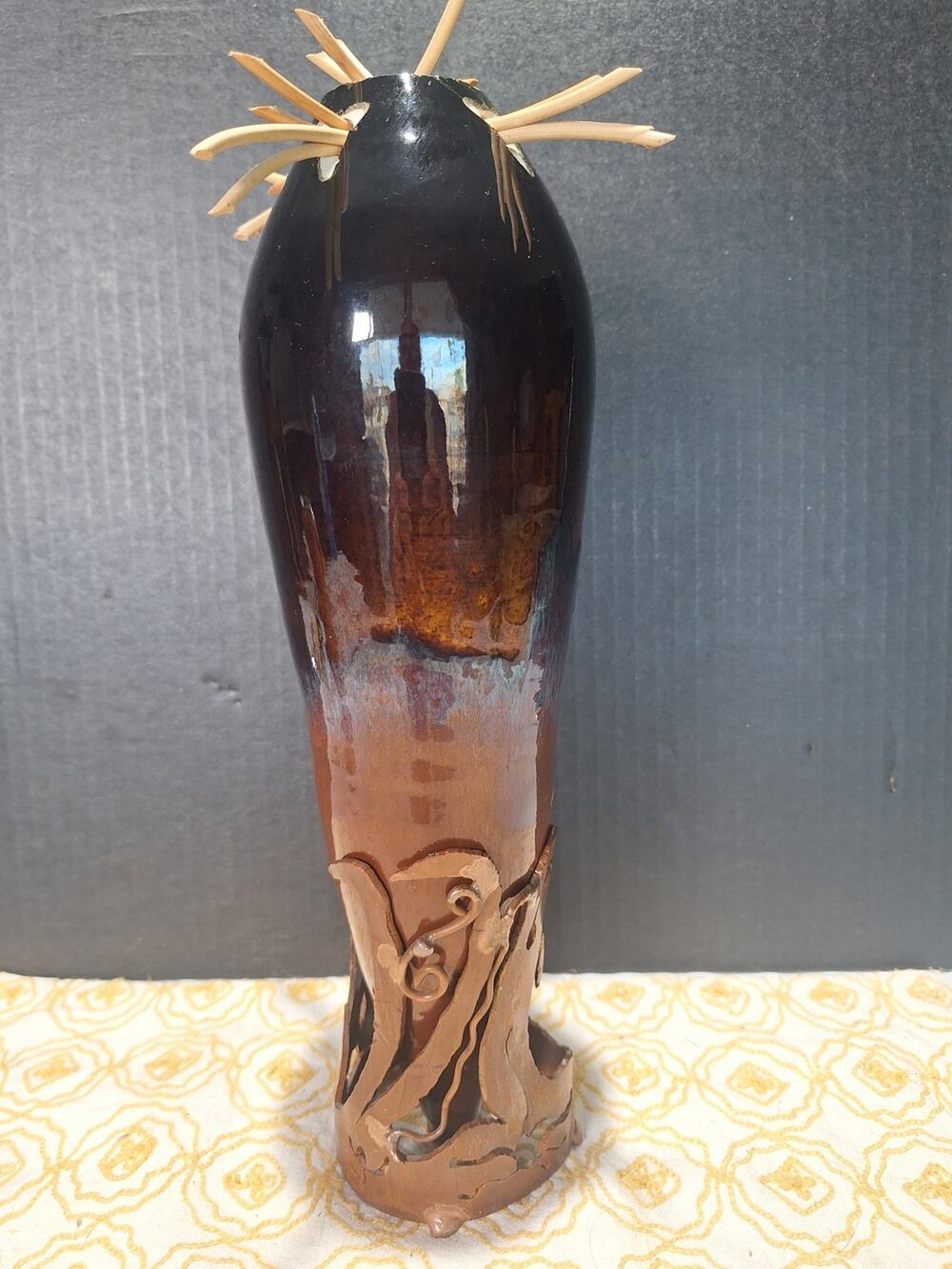 Vintage Studio Pottery Sculptural Vessel Metallic Brown Metal Reeds Mixed Media